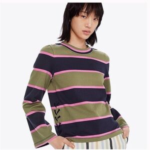 Tory Burch lace up striped top size XS Olive blue and Pink Striped long sleeve